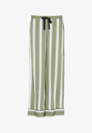 Pantaloni leggeri a righe verdi e bianche con dettagli neri, dotati di vita regolabile con cordino e design a gamba larga.