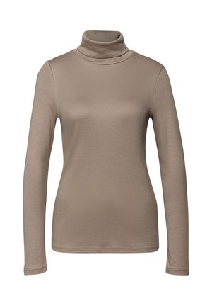 Ljusbrun polotröja med lång ärm, tillverkad av ett mjukt, stretchigt material med en åtsittande form och hög krage. Inga mönster eller dekorationer.