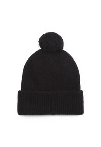 Cappello beanie nero lavorato a maglia con pompon sulla parte superiore, caratterizzato da un orlo a coste e una texture morbida, progettato per calore e comfort.