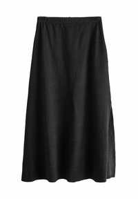 Jupe noire, longueur genou en tissu texturé avec une taille élastique et une fente sur le côté pour plus de facilité de mouvement. Design simple et polyvalent.