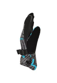 Zimné rukavice s čierno-sivým a modrým maskovacím vzorom, nastaviteľný remienok na zápästí a oddelený palec a prsty pre lepší úchop.