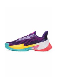 Purple athletic shoe with mesh upper, colorful accents in yellow, turquoise, and red. Features textured sole and bold design elements.
