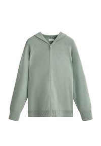 Ljust grön zip-up hoodie med ribbat mönster, bred huva och långa ärmar. Har matchande muddar och rak nederkant. Mjuk tyg.