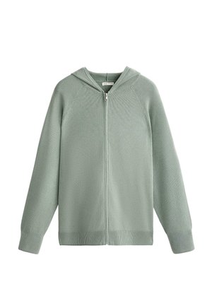 Ljust grön zip-up hoodie med ribbat mönster, bred huva och långa ärmar. Har matchande muddar och rak nederkant. Mjuk tyg.