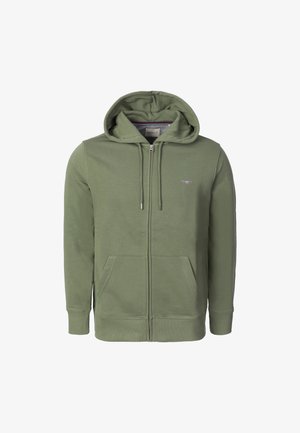 Olijfgroene zip-up hoodie met een voorzak, capuchon met trekkoord, geribde boorden en een klein logo op de linkerborst.