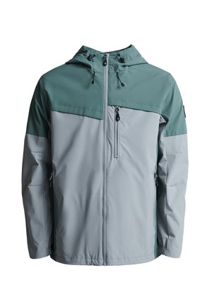 Giacca leggera bicolore con corpo grigio e spalle teal. Include una tasca con zip, cappuccio regolabile e tessuto resistente.