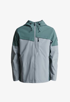 Leichte, zweifarbige Jacke mit grauem Körper und türkisfarbenen Schultern. Enthält eine mit Reißverschluss gesicherte Tasche, eine verstellbare Kapuze und strapazierfähigen Stoff.