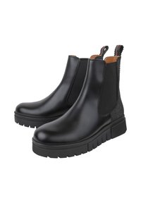 Stivali Chelsea neri in pelle con pannelli elastici laterali, accenti grigi testurizzati e suola spessa in gomma. Dotati di linguette per facilitare la calzata.