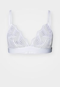 Witte bralette met doorschijnende kantoverlay met golvende patronen, verstelbare bandjes en een soepele onderband. Lichtgewicht en zachte textuur.