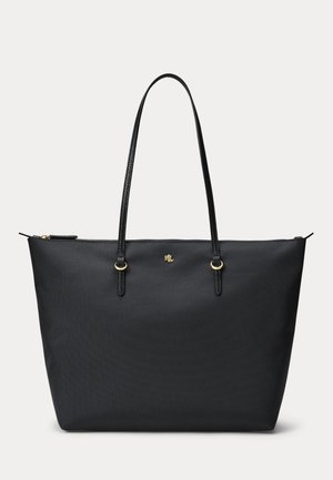 Sac fourre-tout noir avec deux longues fines poignées, fermeture éclair dorée, petit logo doré "RL" et anneaux dorés attachant les poignées au sac.