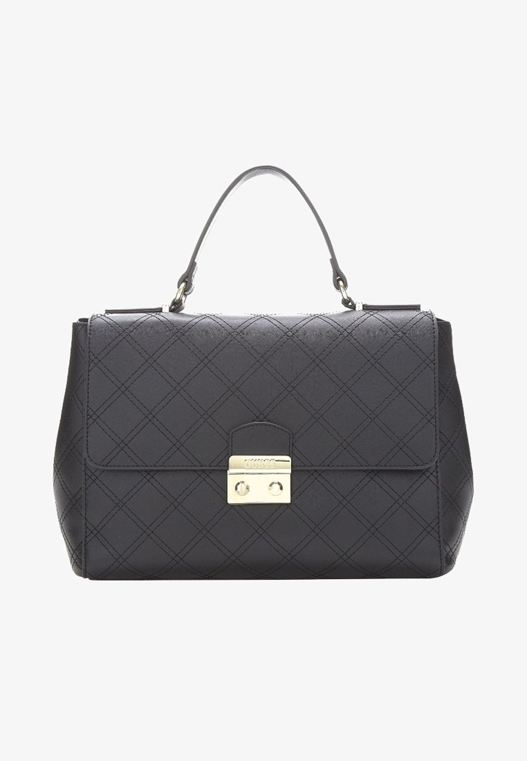 Sac à main en cuir noir avec motif matelassé en losanges, poignée supérieure et fermoir rectangulaire doré sur le rabat avant.