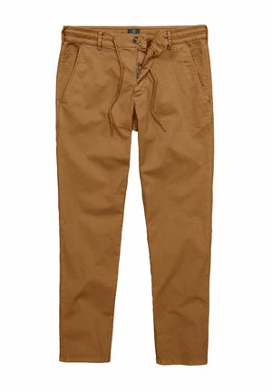 Pantaloni marroni a gamba stretta con vita elastica, chiusura con bottoni, cerniera frontale e tasche anteriori, mostrati distesi su sfondo bianco.