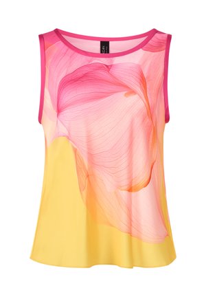 Sleeveless women's top with yellow base, sheer pink floral overlay, and bright pink trim around neckline and armholes.