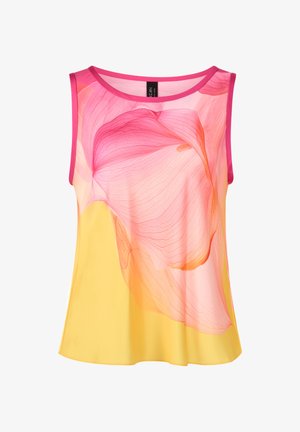 Ärmelloses Damenoberteil mit gelbem Grundton, transparentem rosa Blumen-Overlay und leuchtend pinker Einfassung an Hals- und Armausschnitten.