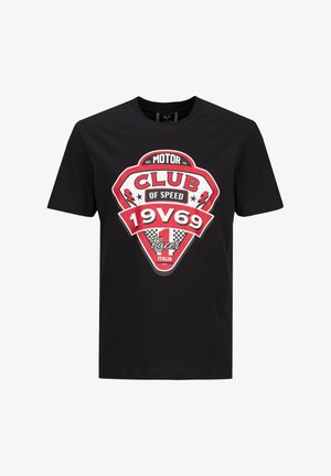 Zwart T-shirt met korte mouwen en een rood-wit race-embleem van "Motor Club of Speed 19V69 Racer Italia" op de voorkant.