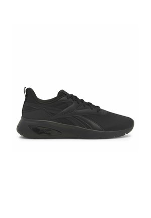 Scarpa da ginnastica nera bassa con lacci sul davanti, tomaia in mesh traspirante, suola spessa e logo Reebok sul lato e sulla suola.