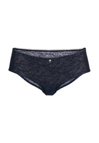 Navy blue lace panties featuring a leaf pattern, scalloped edges, and a small metallic logo accent on the front.