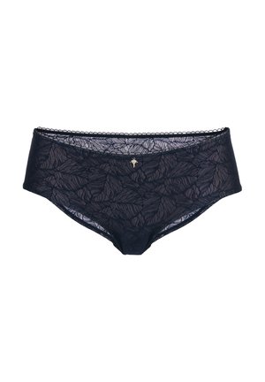 Navy blue lace panties featuring a leaf pattern, scalloped edges, and a small metallic logo accent on the front.