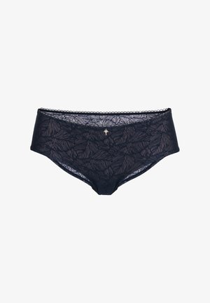 Navy blue lace panties featuring a leaf pattern, scalloped edges, and a small metallic logo accent on the front.