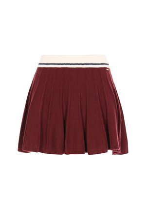 Burgunderfarbene plissierte Bluse aus weichem Stoff, mit einem breiten weißen Bund und navy-blauen Streifenakzenten. Vielseitiges und komfortables Design.