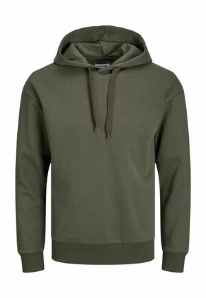 Olivegrüner Hoodie aus Baumwollmischung mit einer vorderen Kängurutasche, verstellbarem Kordelzug an der Kapuze sowie gerippten Bündchen und Saum.