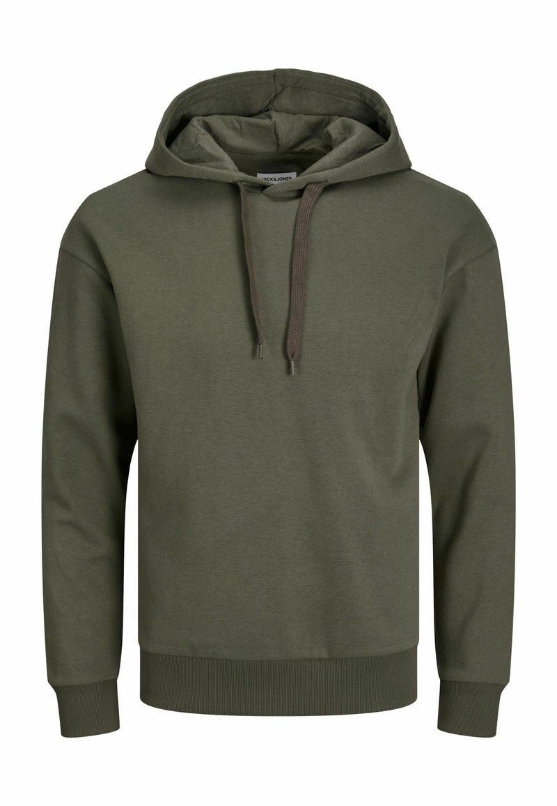 Olive green hoodie made of cotton blend, featuring a front kangaroo pocket, adjustable drawstring hood, and ribbed cuffs and hem.
