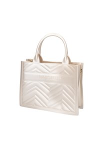 Borsa a tote bianca trapuntata con motivo a chevron, logo in rilievo, doppi manici e forma strutturata. Realizzata in materiale sintetico lucido.