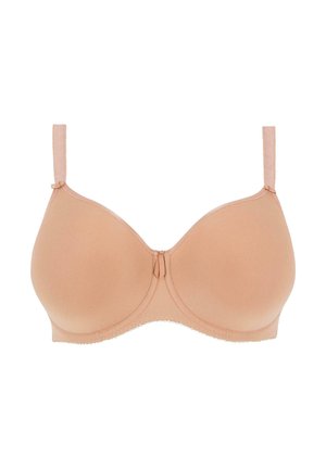Reggiseno imbottito senza ferretti, realizzato in tessuto morbido, con spalline regolabili e cuciture decorative lungo i bordi. Chiusura frontale.