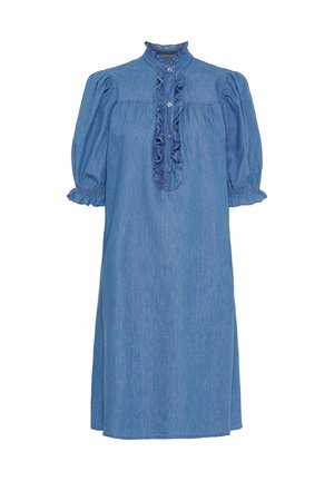 Denim kjole med høj flæsekant, korte pufærmer og en række knapper med et flæsede frontdesign. Lys blå farve.