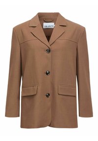 Bruine blazer met een gestructureerde pasvorm, sluiting met één knoop, revers met inkeping en twee voorzakken. Gladde stof met een subtiele textuur.