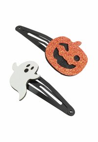 Crni ukosnice s svjetlucavim Halloween ukrasima: jedan bijeli duh i jedno narančasto lice bundeve jack-o'-lantern.