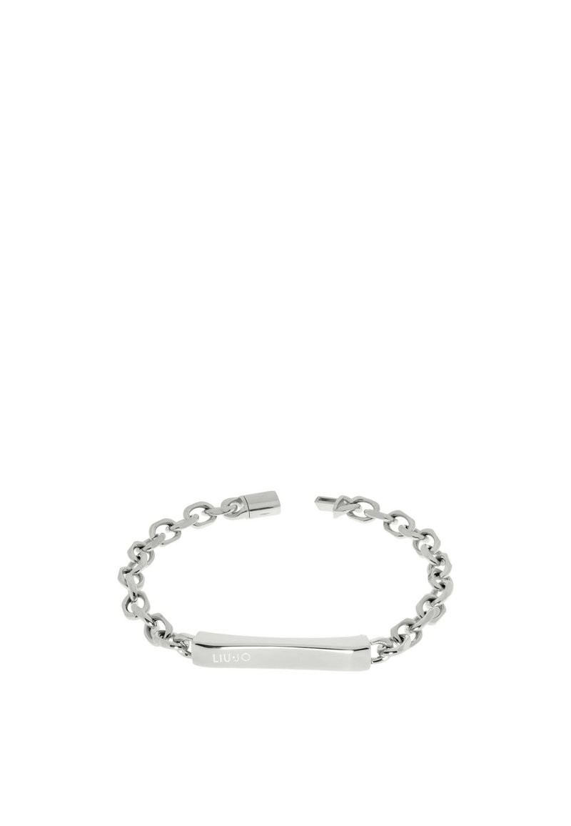 Bracciale in argento con un design a link rettangolari, dotato di una barra orizzontale lucida incisa con il nome del marchio.