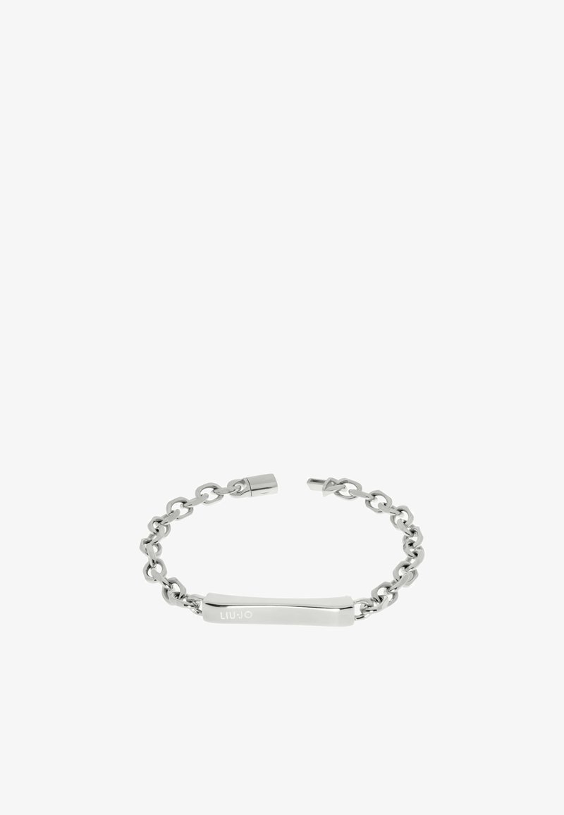 Bracciale in argento con un design a link rettangolari, dotato di una barra orizzontale lucida incisa con il nome del marchio.