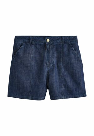 Ciemnoniebieskie szorty dżinsowe z przednimi kieszeniami, szlufkami na pasek i zapięciem na guzik z przodu, pokazane na białym tle.