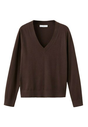 Pull en tricot marron à manches longues avec col en V, poignets et ourlet côtelés, présenté sur un fond blanc.