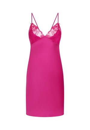 Vestito slip di un rosa acceso con dettagli in pizzo floreale sul busto e sottili spalline.