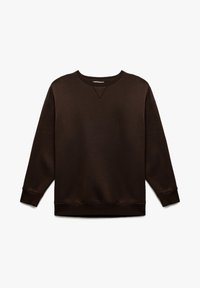 Brauner Sweatshirt mit Rundhalsausschnitt, langen Ärmeln und gerippten Bündchen und Saum. Hergestellt aus einem weichen Stoff mit glatter Textur.