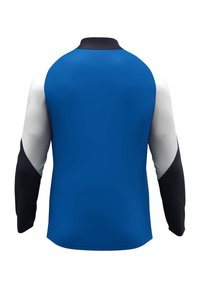 Blauw sportjack met lange mouwen, witte schouderaccenten en zwarte mouwsecties; gladde stof met een getailleerd ontwerp.