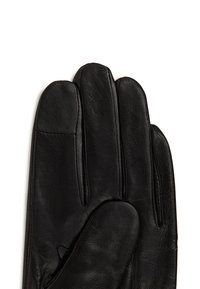Svarta läderhandskar med en slät yta, som har fem fingersektioner och subtila sömdetaljer längs sömmarna.
