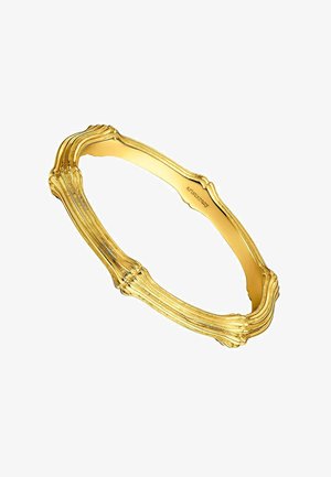 Pulsera de oro con un diseño texturizado que presenta segmentos alargados que se asemejan a huesos. Superficie interior lisa con grabado de la marca.