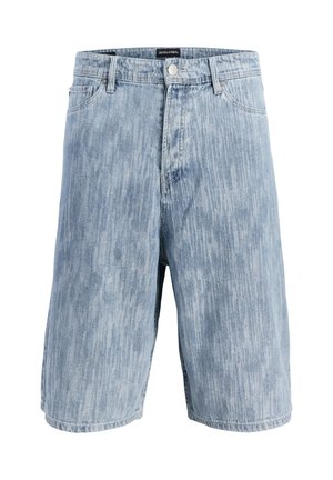 Ανοιχτό μπλε ξεβαμμένο τζιν σορτς με εμπρόσθιο κουμπί, φερμουάρ, θηλιές για ζώνη και στυλ με πέντε τσέπες.