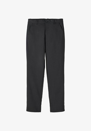 Pantalon noir en tissu lisse, doté de deux poches latérales, d'une fermeture à bouton et d'une coupe droite sans motifs apparents.