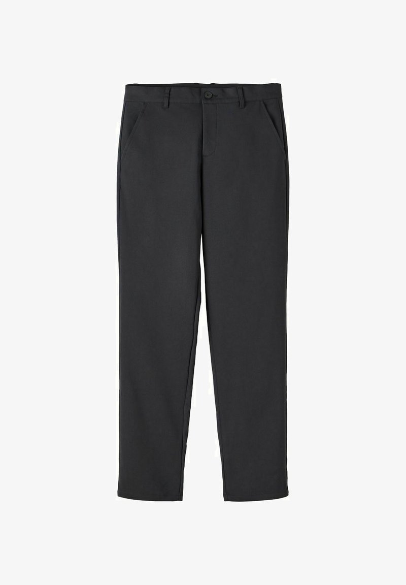 Pantalon noir en tissu lisse, doté de deux poches latérales, d'une fermeture à bouton et d'une coupe droite sans motifs apparents.