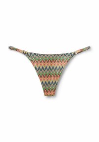 Multibarevný bikiny thong se zigzagovým vzorem v růžové, zelené, hnědé a modré barvě. Vyrobeno z pružné látky s nastavitelnými bočními šňůrkami.