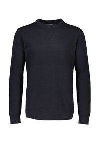 Marineblauer Strickpullover mit strukturierten horizontalen Streifen, rundem Ausschnitt, langen Ärmeln sowie gerippten Bündchen und Saum.