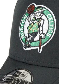 Black baseball cap featuring an embroidered Boston Celtics logo with a leprechaun holding a basketball, detailed in green, white, and gold.