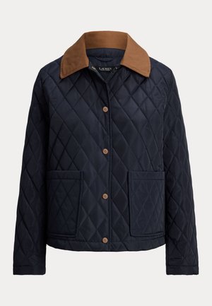 Veste matelassée bleu marine avec col en velours côtelé marron, dotée d'une fermeture boutonnée sur le devant et de deux poches avant. Tissu synthétique léger.