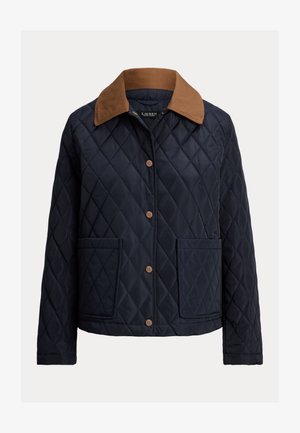 Sötétkék steppelt dzseki barna kordbársony gallérral, elején gombos záródással és két első zsebbel. Könnyű, szintetikus anyagból.