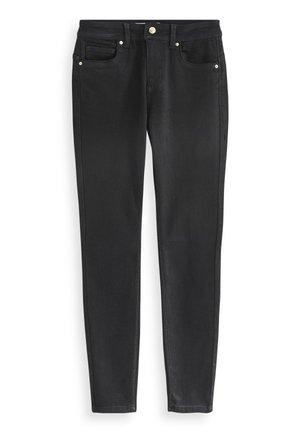 Mustat farkut slim fit -mallilla, viisi taskua ja kultaiset napit. Sileä tekstuuri, jossa on minimaalista haalistumista tai kulumista.