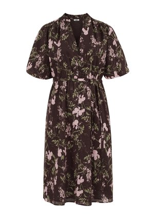 Dark brown midi dress with pink and green floral print, puffed short sleeves, V-neck, gathered waist, and lightweight fabric.